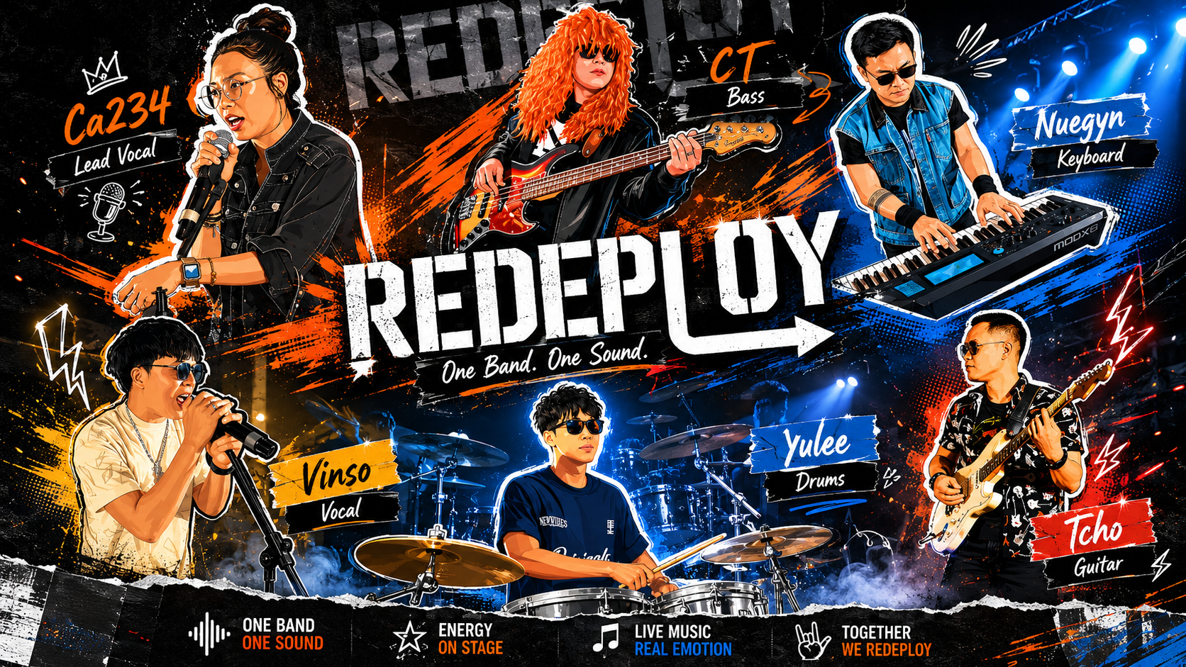 REDEPLOY — Ca234 (Lead Vocal), Vinso (Vocal), CT (Bass), Nuegyn (Keyboard), Yulee (Drums), Tcho (Guitar). One Band. One Sound.